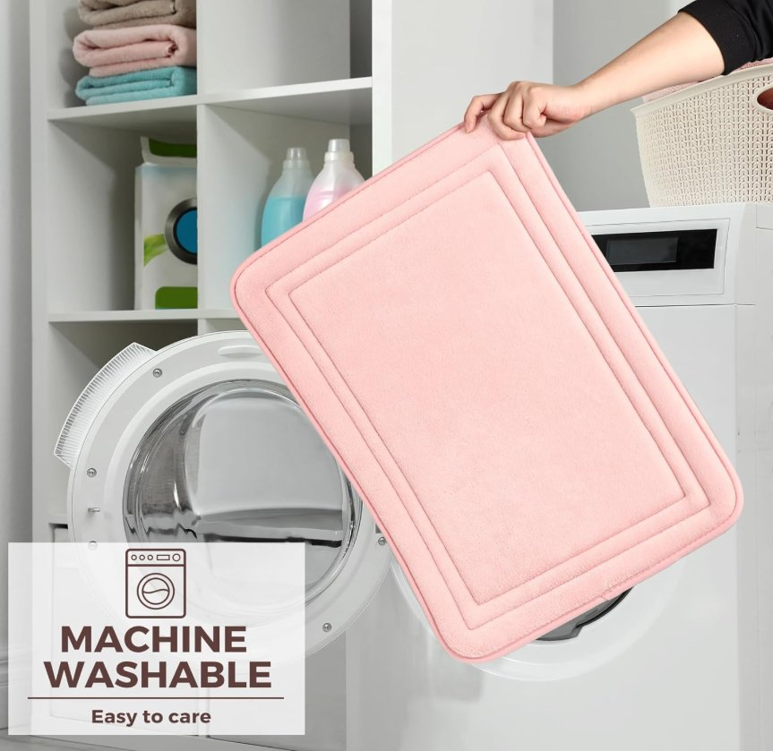 Pink Non Slip Bathroom Rug Set Memory Foam Bath Mat and U-Shaped Contour Toilet Rug