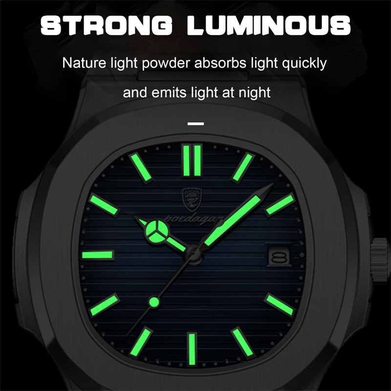 Poedagar 613 Luminous Square Casual Watches for Men Stainless Steel Quartz Watch