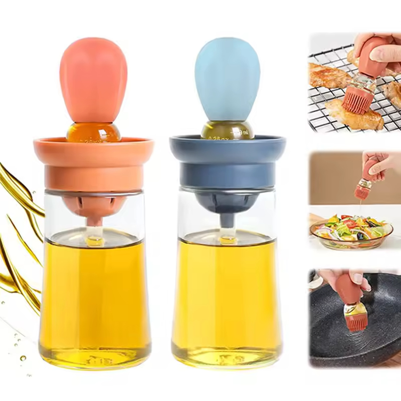 2 in 1 Glass Oil Brush Bottle Glass Olive Oil Dispenser with Silicone Oil Brush for Cooking Baking BBQ Grill