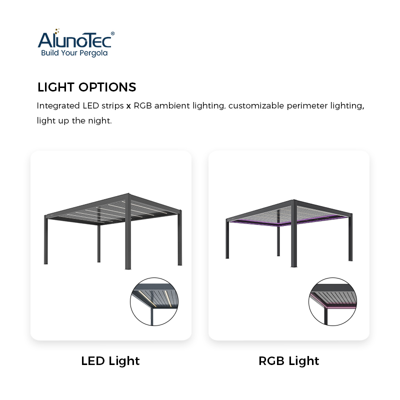 AlunoTec Wholesale Factory Price UV Protection Waterproof Aluminuim Outdoor SPA Pool Solar Bioclimatic Pergola