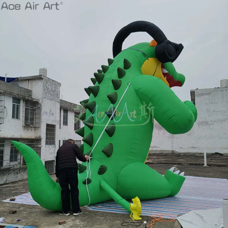 5m H Inflatable Crocodile Cartoon Model Water Animal Wearing Headphones for Festival Decoration or Advertisement