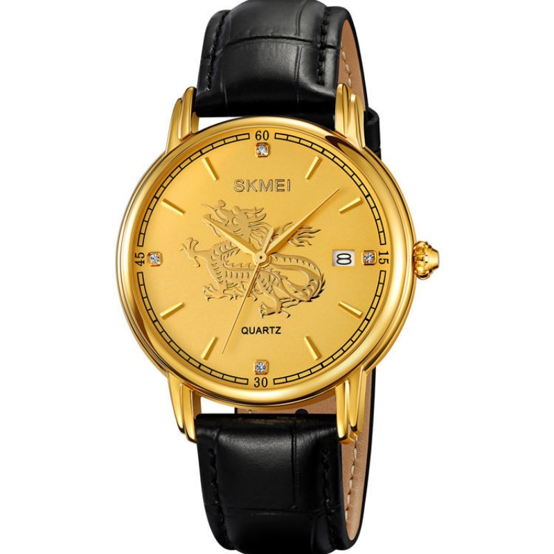 New Fashion Date 12 Dragon Zodiacs Waterproof Leather Men Gold Luxury Watch