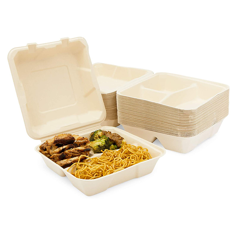 8 Inch Biodegradable Disposable 3 Compartments Clamshell Sugarcane Food Boxes Takeaway Packaging