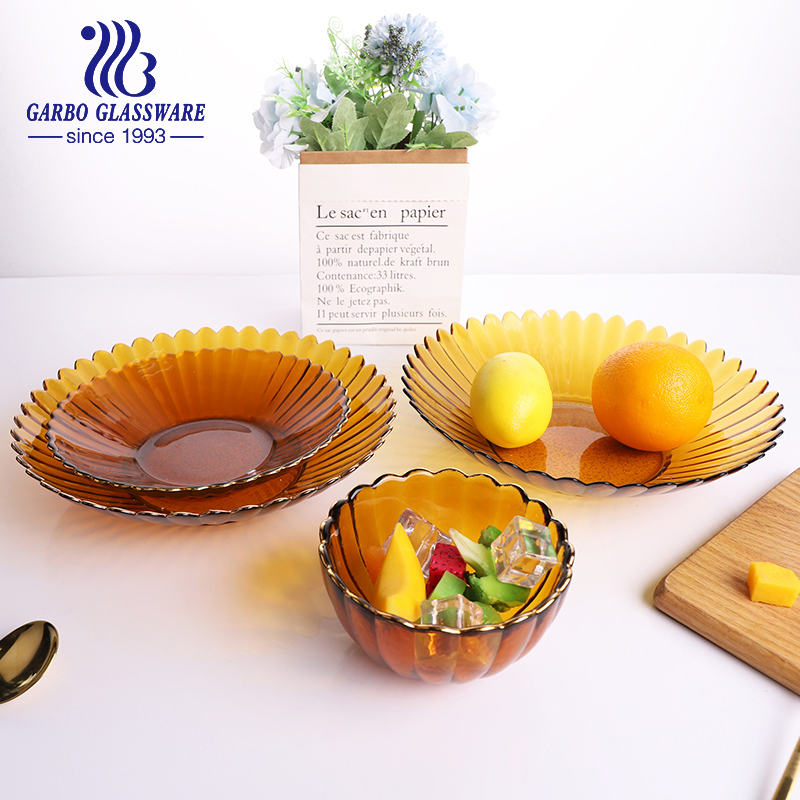 Amber Solid Color Glass Bowl Lotus Flower Shape Gold Rim Glassware Set Glass Serving Bowl Tableware Salad Fruit Bowl