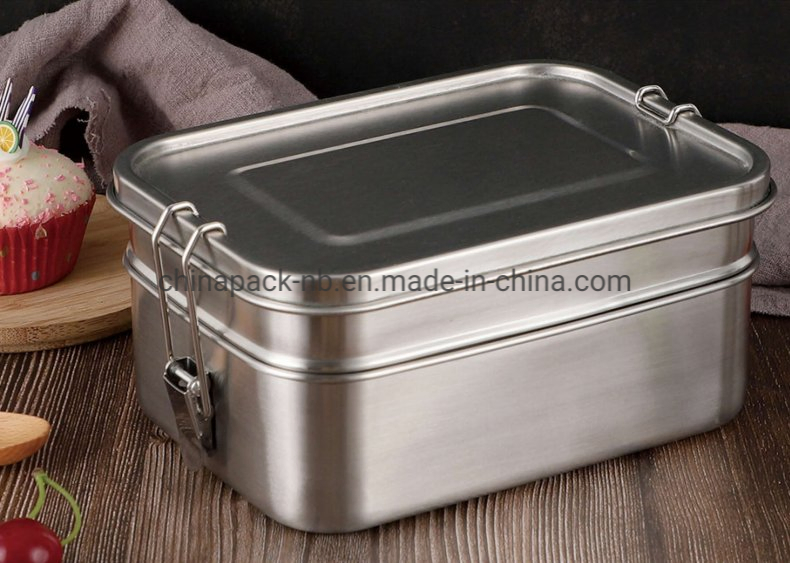 Stainless Steel 304 Rectangular Lunch Box Two-Layers Handheld Leak-Proof Bento Box
