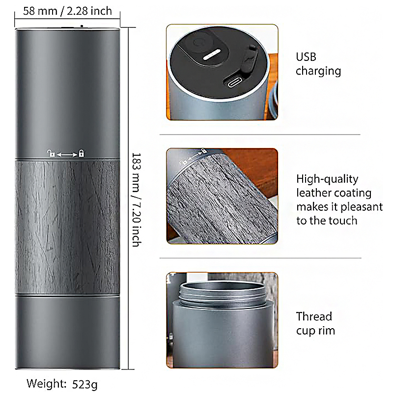 High Quality Wholesale Portable Coffee Grinder with One Button Start Premium Mini Grinder USB Color Box 25 90 Grey ABS RV