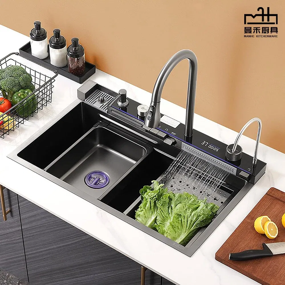 Intelligent Stainless Steel Kitchen Sink Black Smart Waterfall Sink Single Bowl