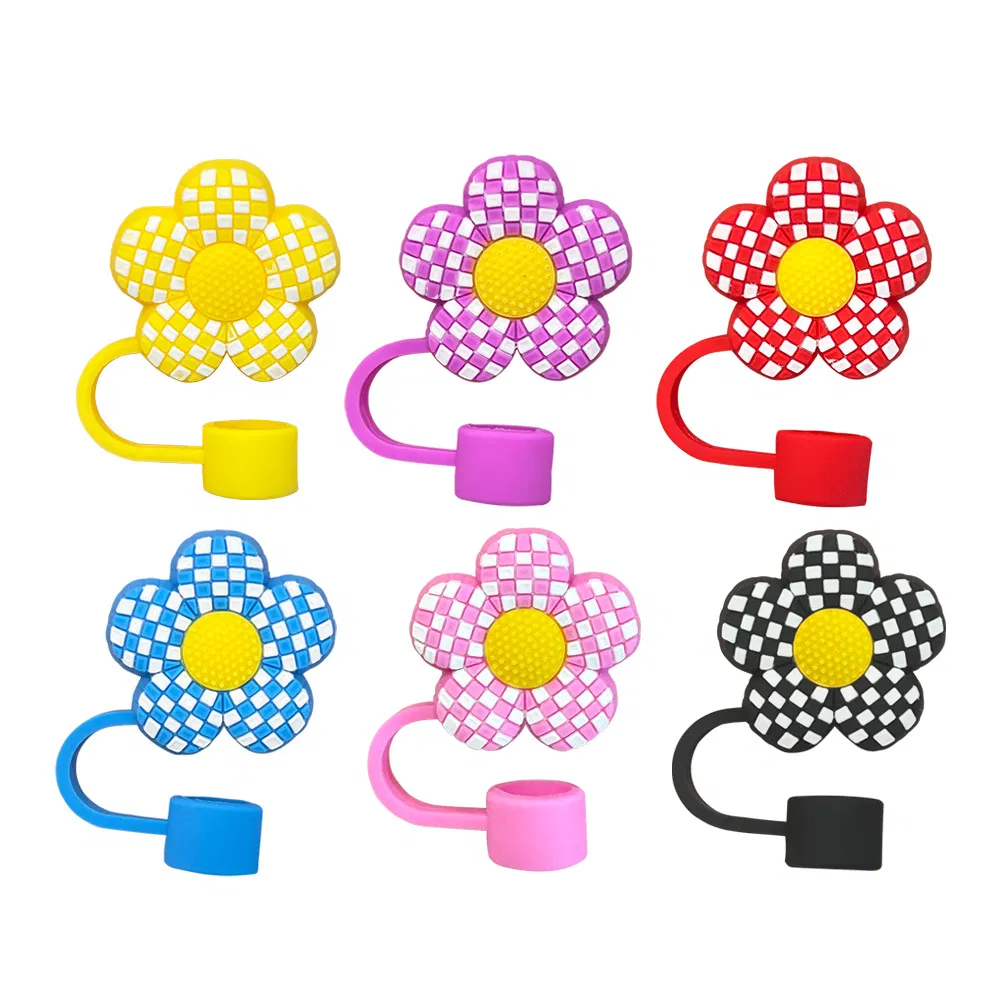 Set of 6 Black and White Checkered Small Flower Series Cute Straw Caps 10mm Stanley Straw Caps