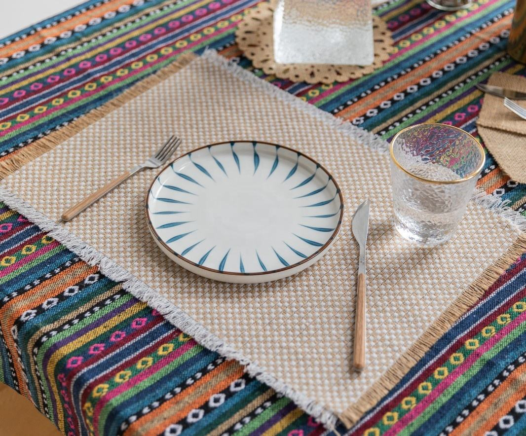 Bohemian Natural Burlap Placemat 15"Fringed Edge Round Jute Placemats for Dining Table Decorative
