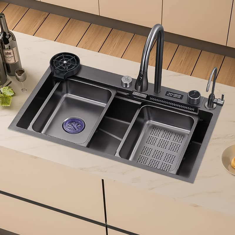 OEM ODM Customized 201/304 Bowl Undermount Stainless Steel Apron Farmhouse Handmade Smart Waterfall Multifunction Kitchen Sink
