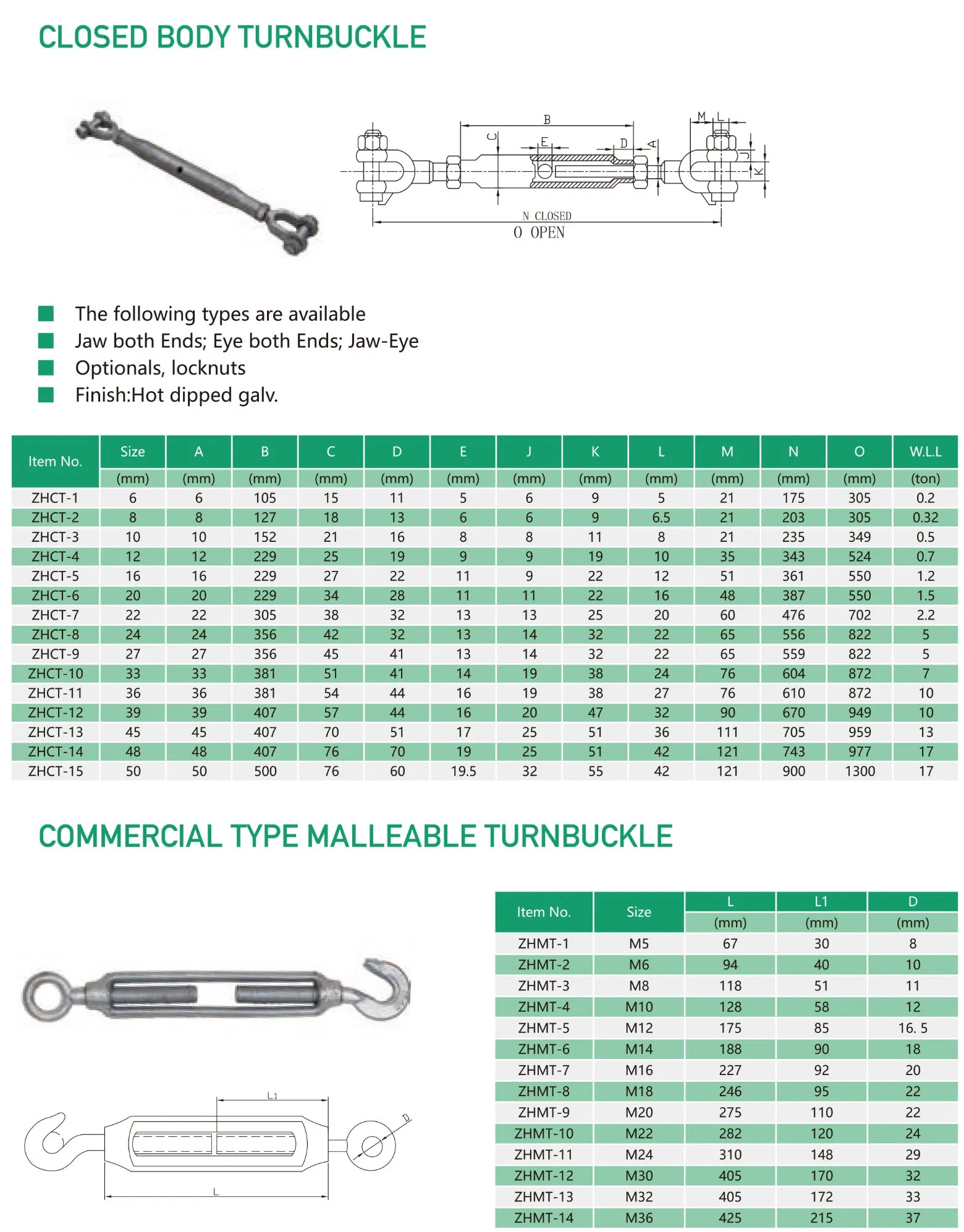 M5 to M36 Commercial Type Malleable Turnbuckle
