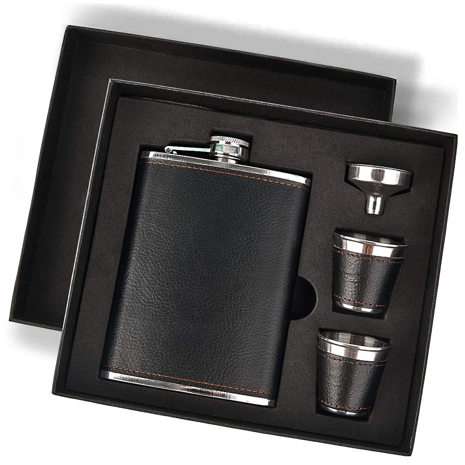 8oz Black Flagon and Funnel 304 Stainless Steel Leather Hip Flask Set