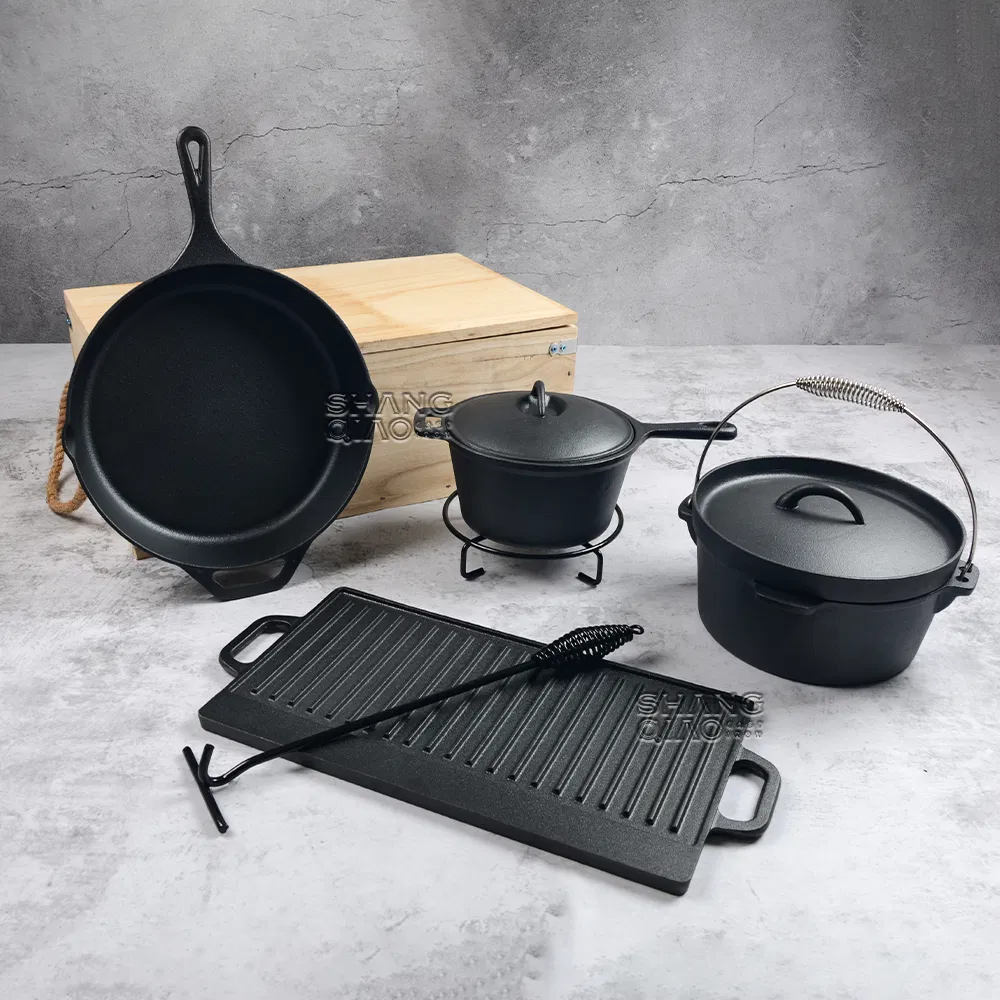 Outdoor Pre-Seasoned Cast Iron Dutch Oven Pots Cookware Cooking Camping Set with Wooden Box