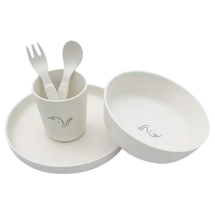 Bamboo Fiber Children Spork Spoon Dinner Plate Cup 5 Pieces Tableware Set
