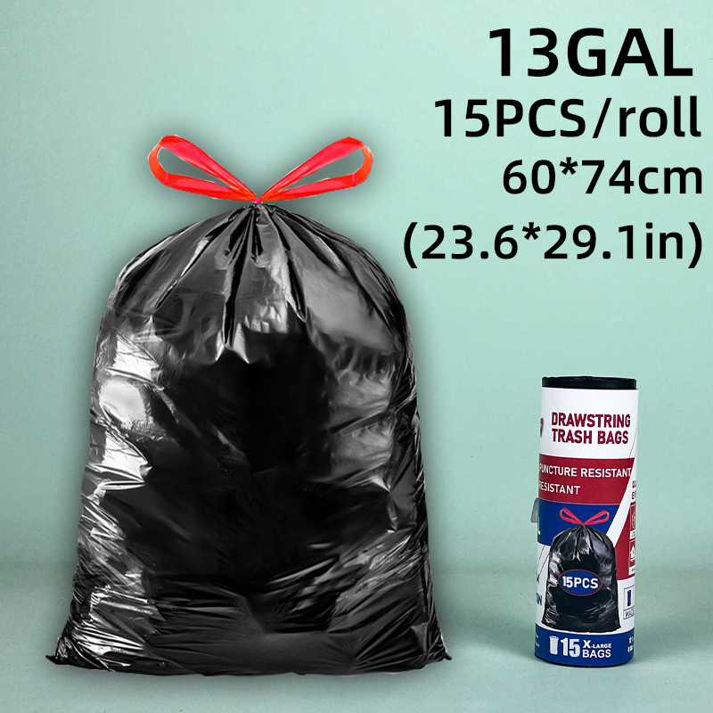 Drawstring Trash Bag Garbage Bag, Tall Kitchen Draw String Garbage Bag, 13 Gallon (60*70cm) , Unscented, 15PCS/Roll