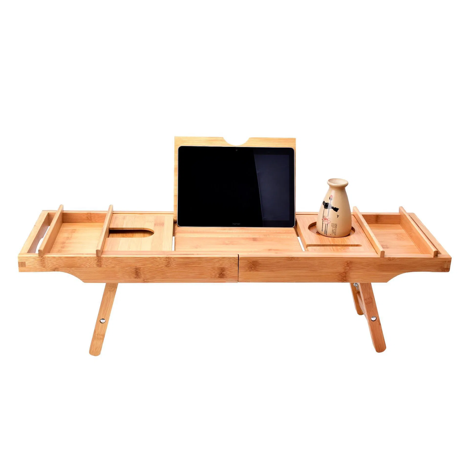 Extendable Bamboo Bathtub Caddy Tray Table with Folding Legs