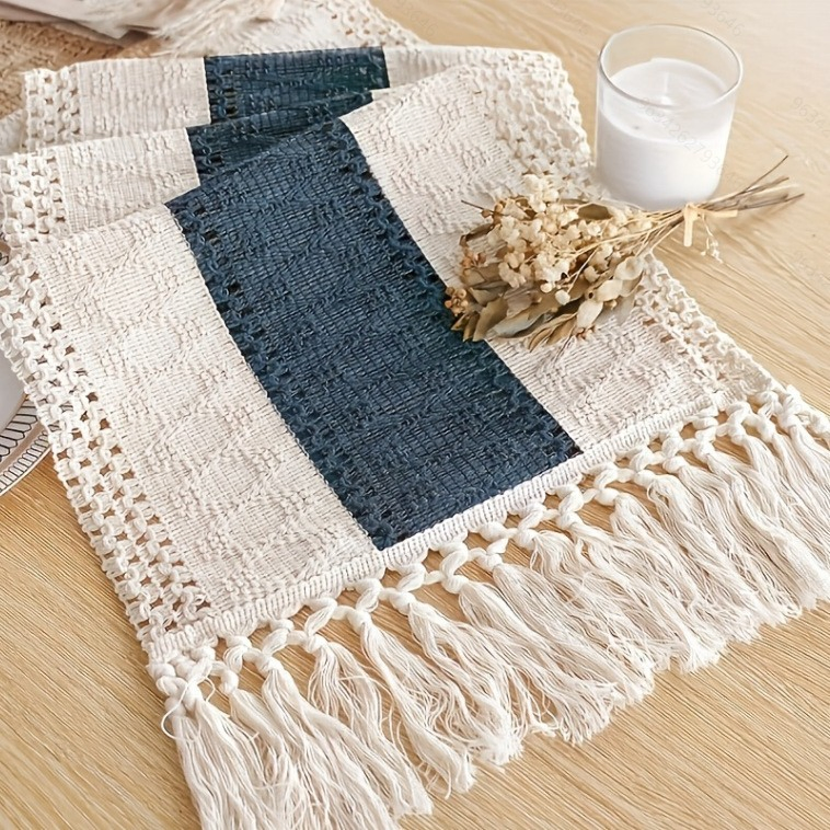 Xinlan Colorful Cotton Linen Table Runner Ethnic Style Handwoven Fringe Tea Table Decor Boho Home Dining Accessory