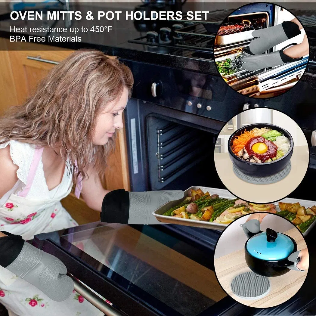 Silicone Oven Mitts and Pot Holders Set, 6 Piece Set with 2 Hot Pads, Heat Resistant Professional Silicone Oven Mitts for Grilling