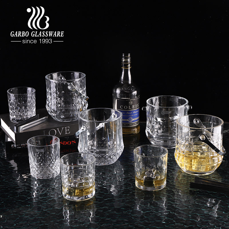 Wholesale Summer Glass Ice Bucket Set with Whisky Glass Embossed Tumbler Drinking Set