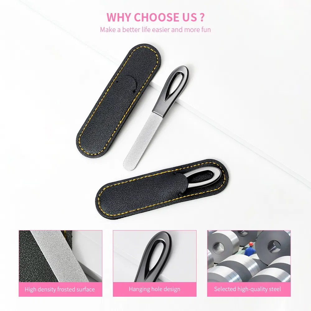 Double Side Nails Buffer Mini Metal Manicure Pedicure Supplies Tools Nail Art File with Leather Case