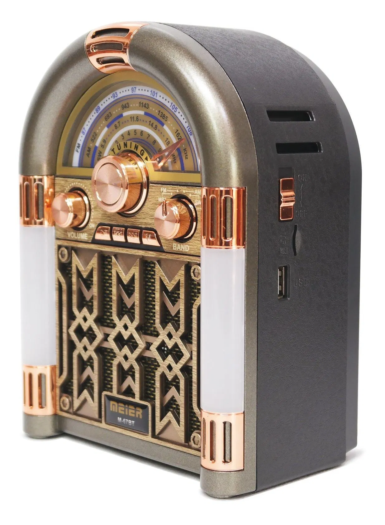 Meier M-67BT Portable 3-Band Am FM Sw Radio, TF Card and MP3 Player, Rechargeable Speaker, Bluetooth Retro Design The Stage Lights