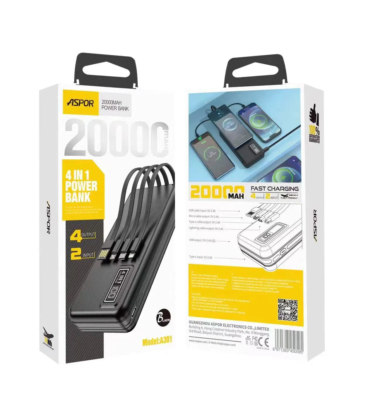 Fast Charging 20000mAh Power Bank Built in 4 Cables Power Charger with LCD Display Chinese Factory Directly Sales