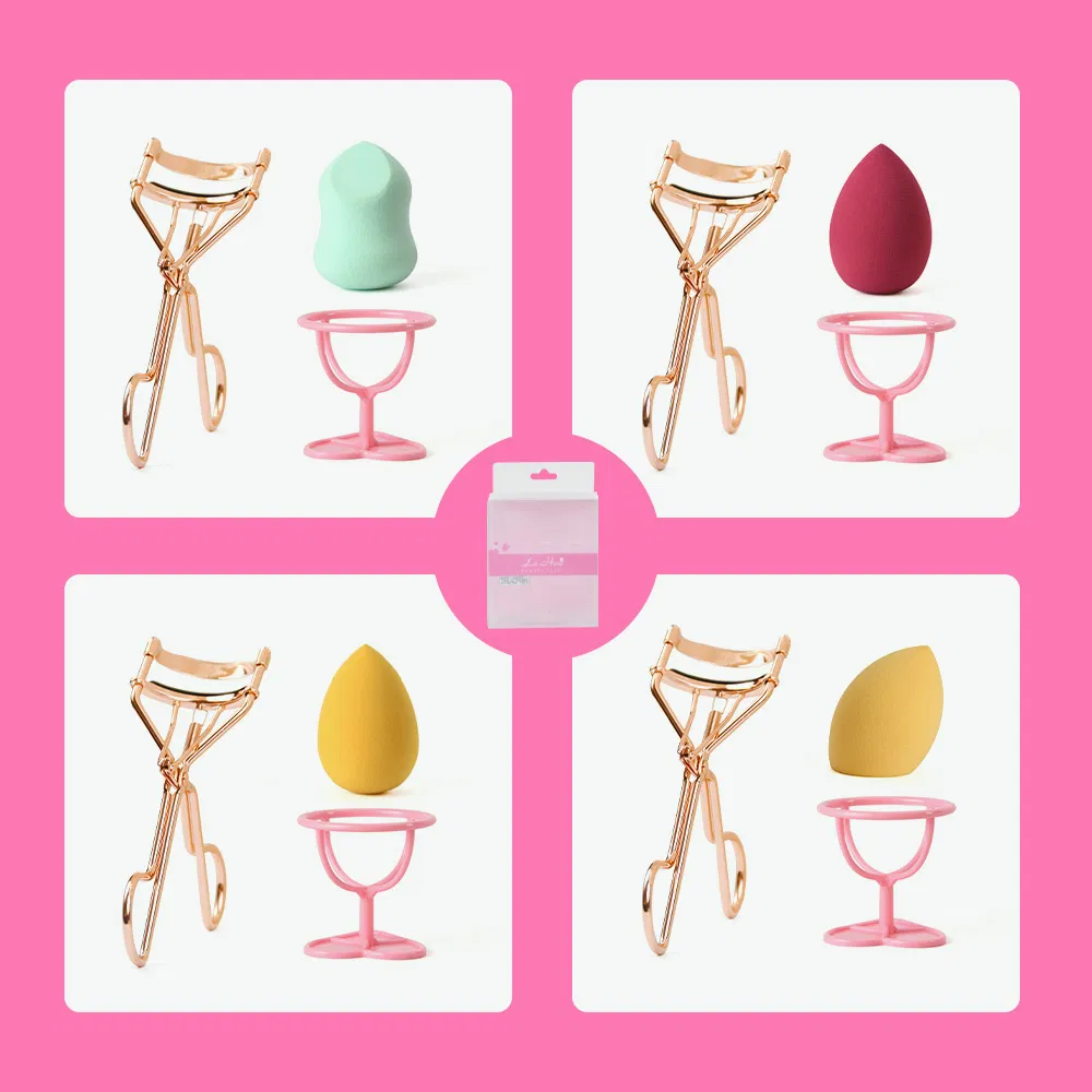 3 PCS Set Long Lasting Rose Gold Eyelash Curler Latex Free Beauty Egg Makeup Powder Puff with Blender Sponge Holder