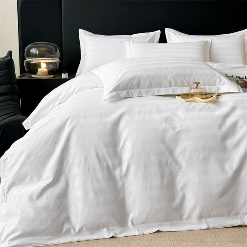 White 3cm Satin Stripe Quilt Duvet Cover Wholesale Soft Smooth Comfortable Flat Sheet ODM/OEM 300tc 100% Cotton Sateen Hotel Bed Sheets Bedding Set Wholesale