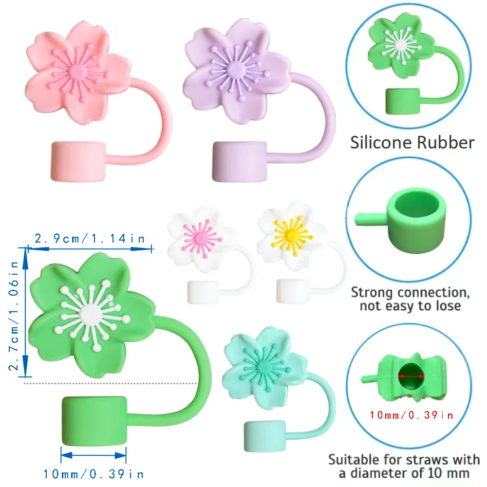 Silicone Sakura 3D Straw Cap Set of 6 Straw Accessories, Suitable for 10mm Straws, Reusable Gift