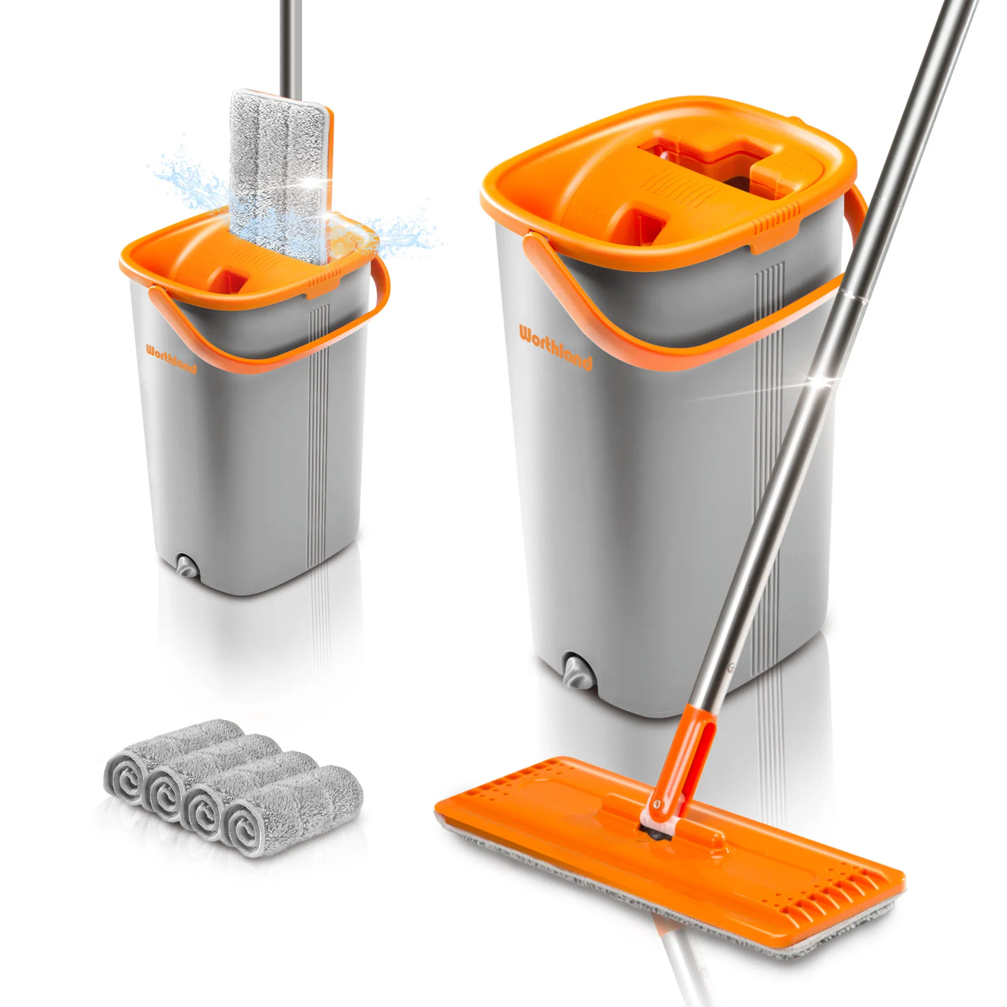 Microfiber Easy Squeeze Flat Mop and Bucket with Wringer Set, Hands Free Wet and Dry Floor Cleaning Mop with Washable Microfiber Refill