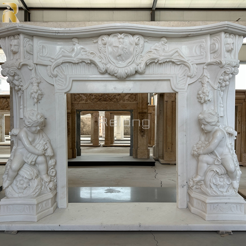 Interior Home Ornate Pure White Marble Fireplace Surround