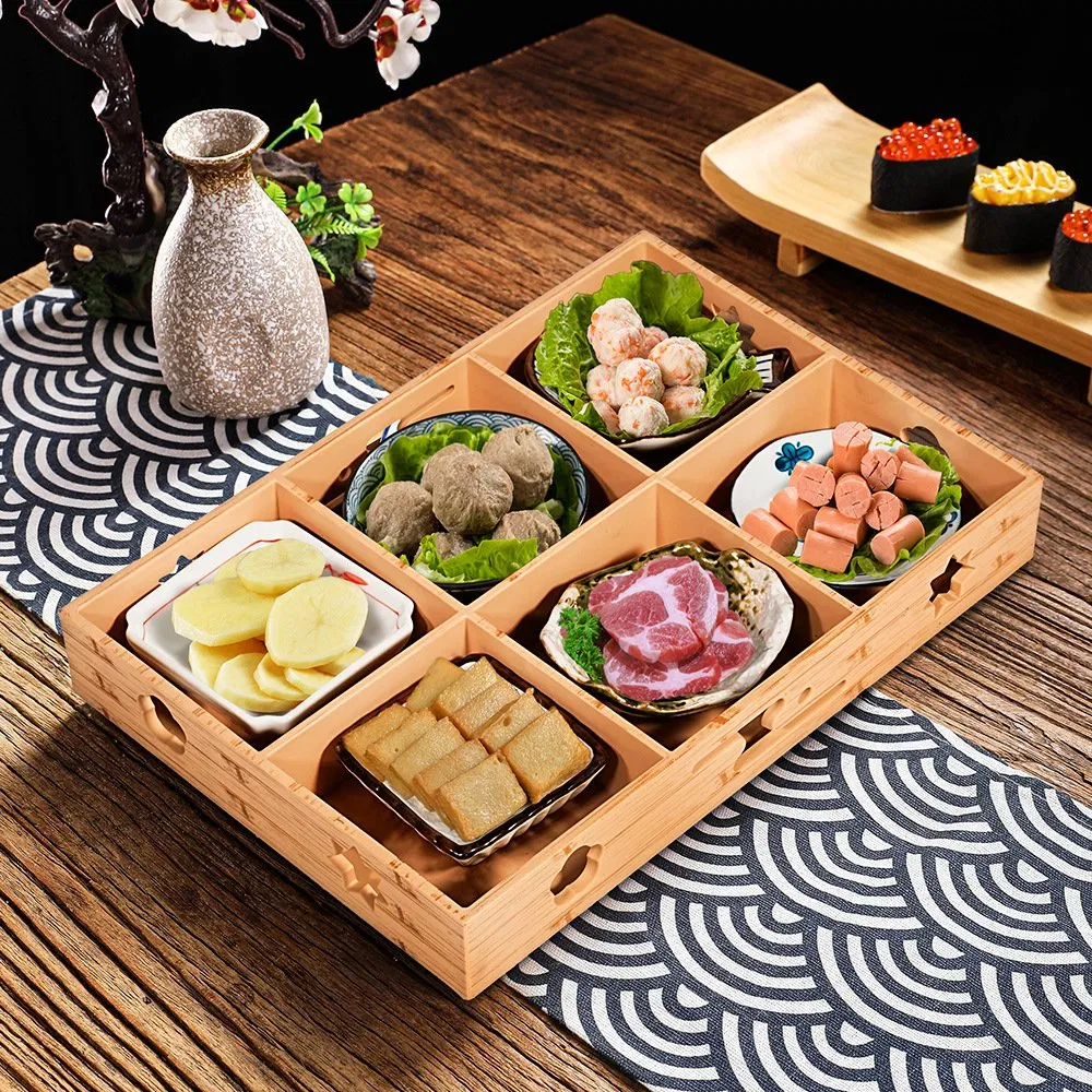 Wholesale Brown Plastic Divided Plate 6 Grids Container for Restaurant Sushi Hot Pot