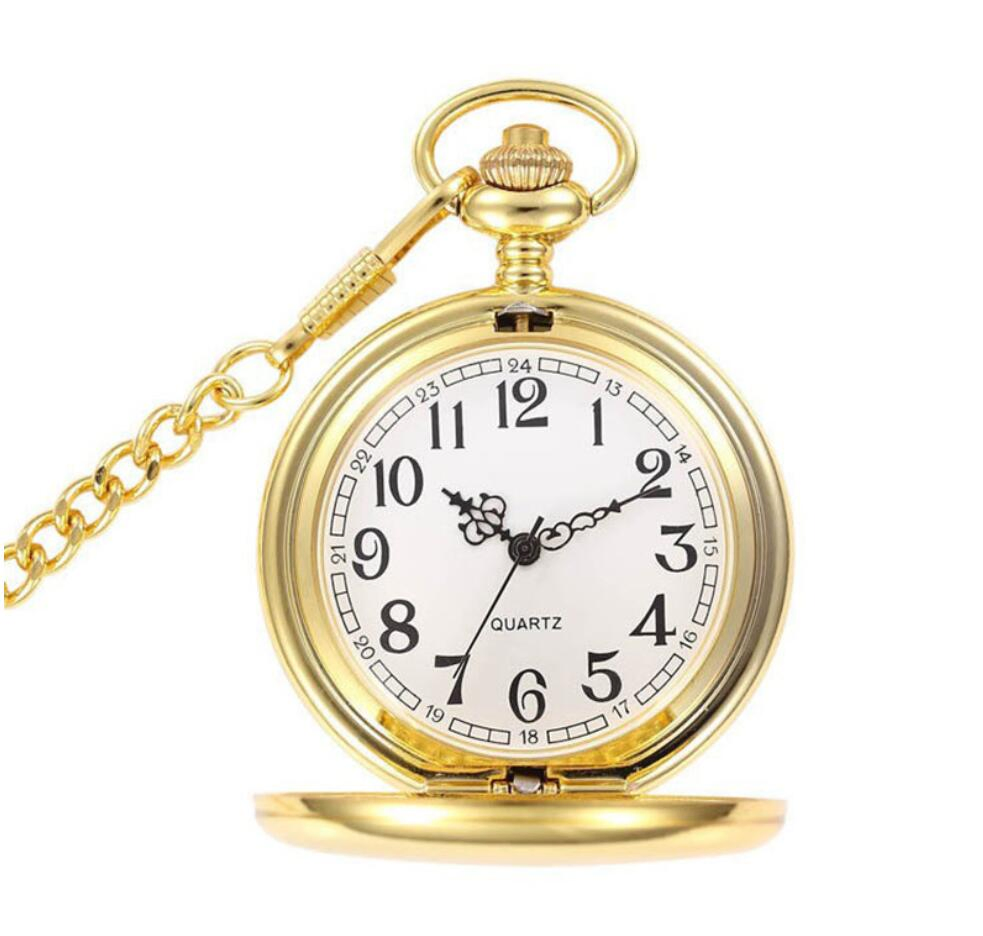 New Gold Mirror Case Necklace Mens Analog Quartz Gold Pocket Watch with Chain