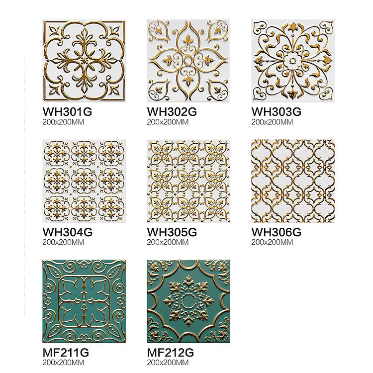 3D Flower Porcelain Drawing Room Wall Border White and Gold Tiles