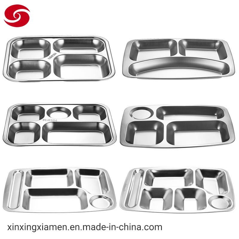 Hot Sell High Quality Stainless Steel Dinner Divided Compartments Plate with Lid Lunch Tray