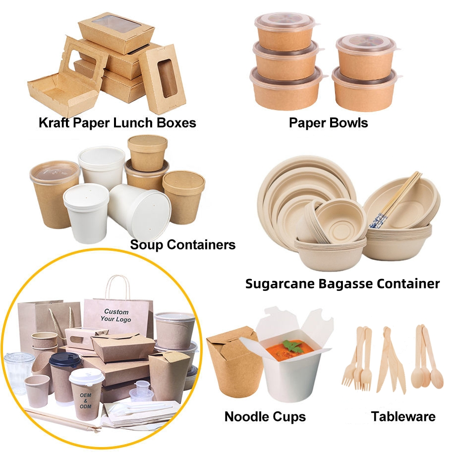 Wholesale Disposable Kraft Paper Lunch Box Takeaway Food Container with Lid Custom Packaging