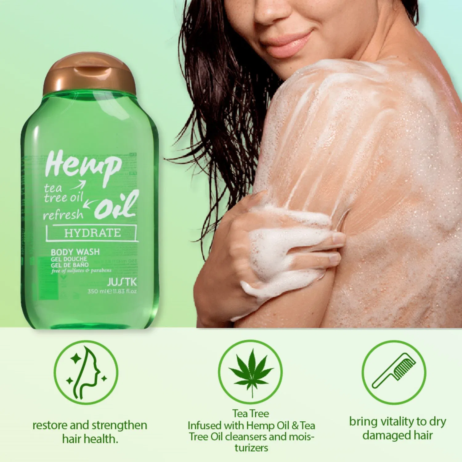 Justk Skin Care Hemp Oil & Tea Tree Oil Body Wash Shower Gel