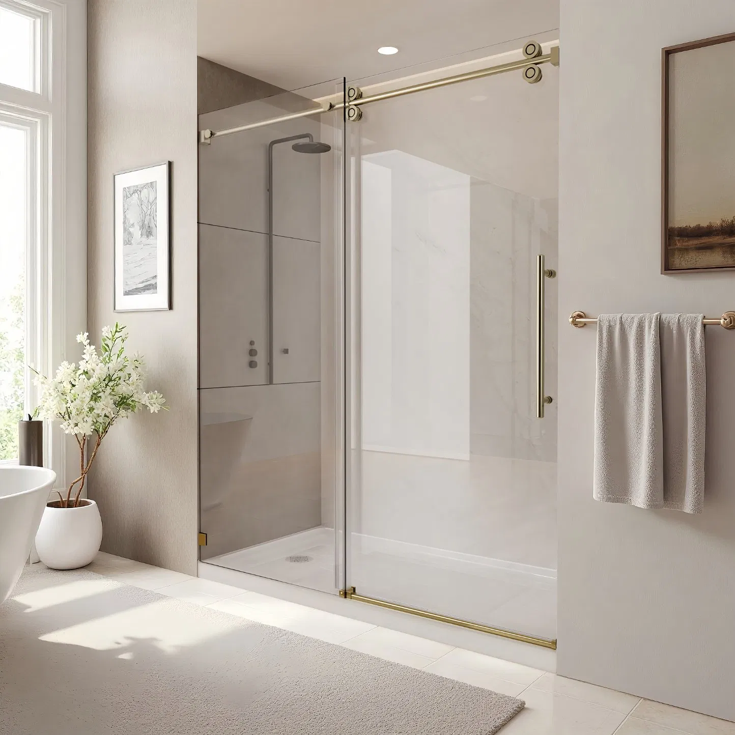 Luxury Gold Stainless Steel Hardware Single Sliding Door Frameless 10mm Tempered Glass Shower Door