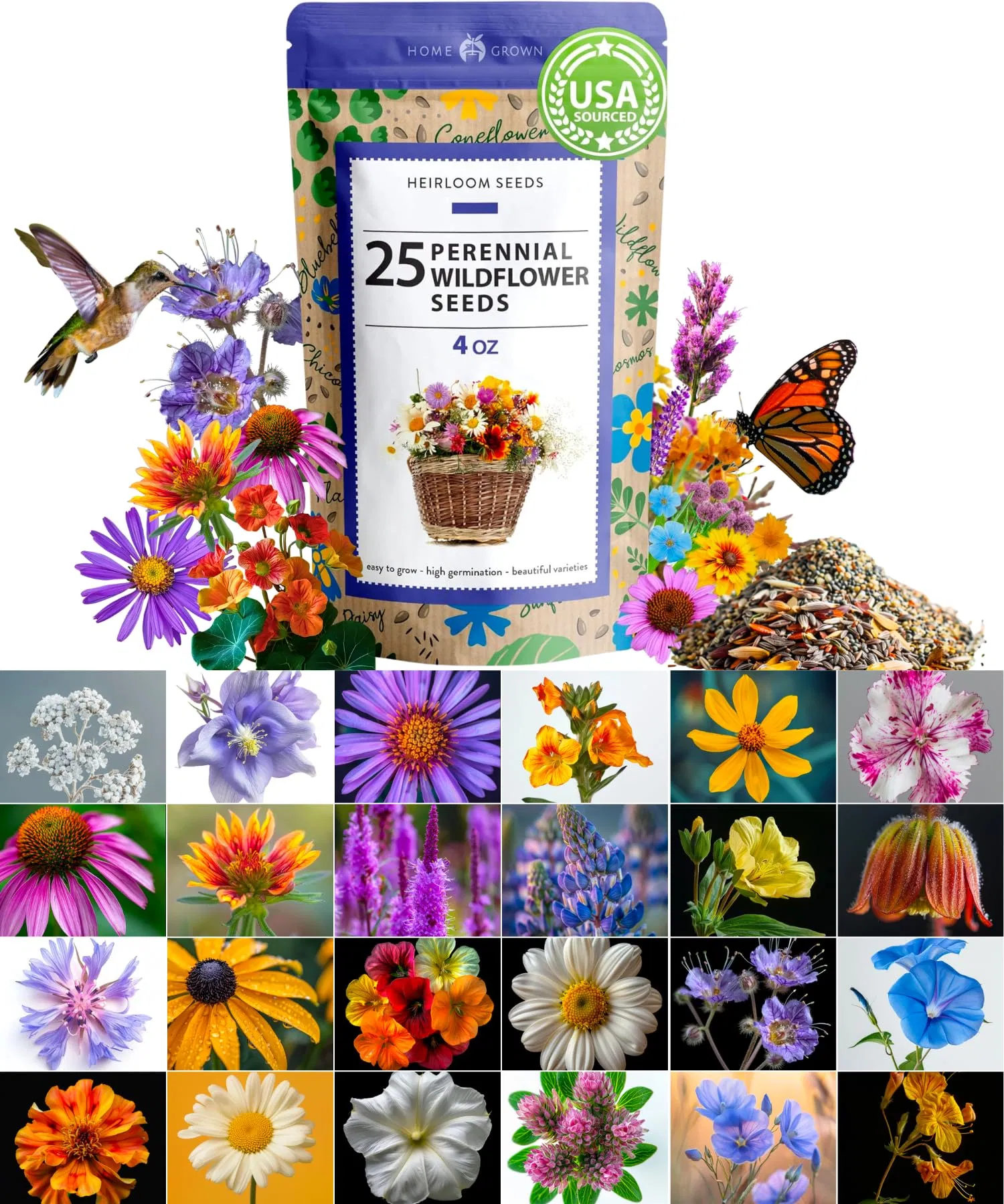 Wholesale Home Grown USDA Organic Wildflower Seeds Mix for Attracting Birds & Butterflies