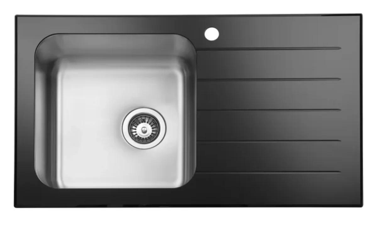 Black Tempered Glass Sink Stainless Steel Sink, Single Bowl with Drainboard Hotel/Building Sink-Basin with Siphon
