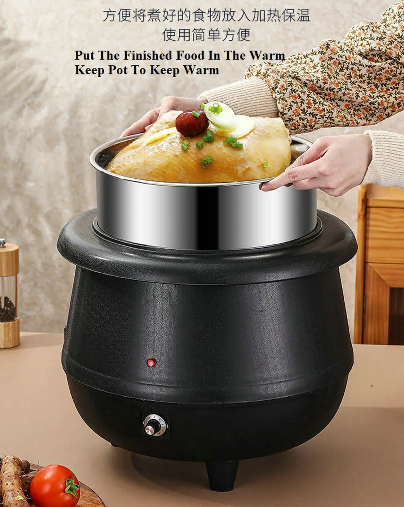 Black Color Metal Material Outside Wall, Stainless Steel Inside Wall 13L Thermal Insulation Soup Kettle Drum Shape