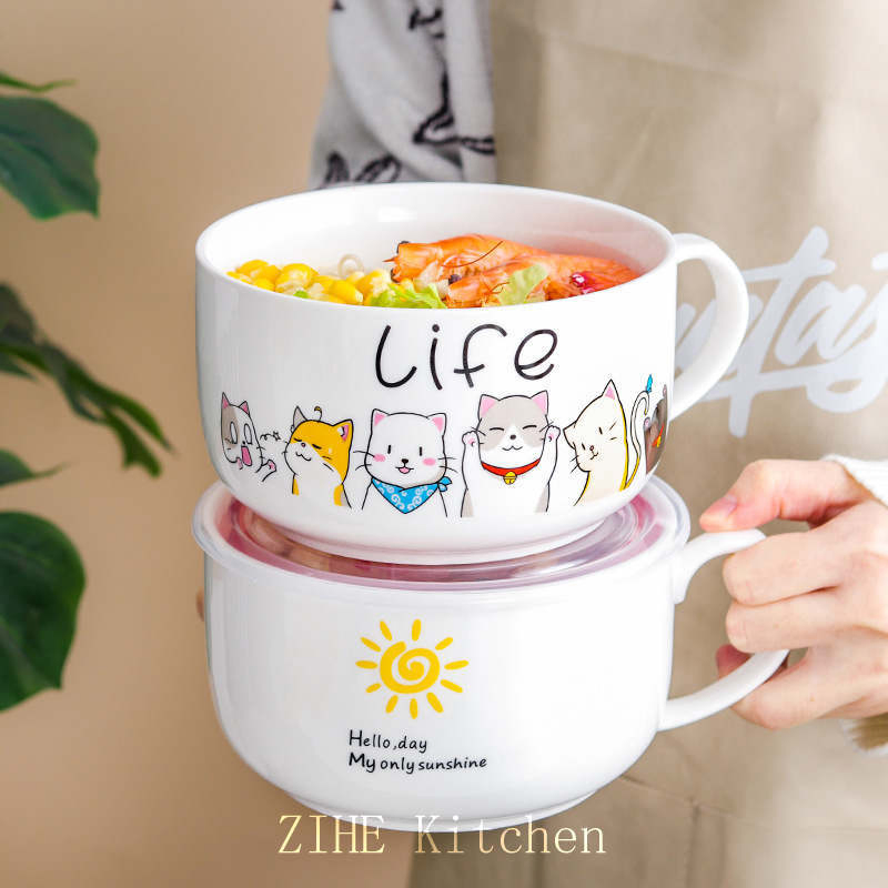 Japanese Cartoon Creative Ceramic Noodle Bowl with Lid Microwaveable Large Oatmeal Mug