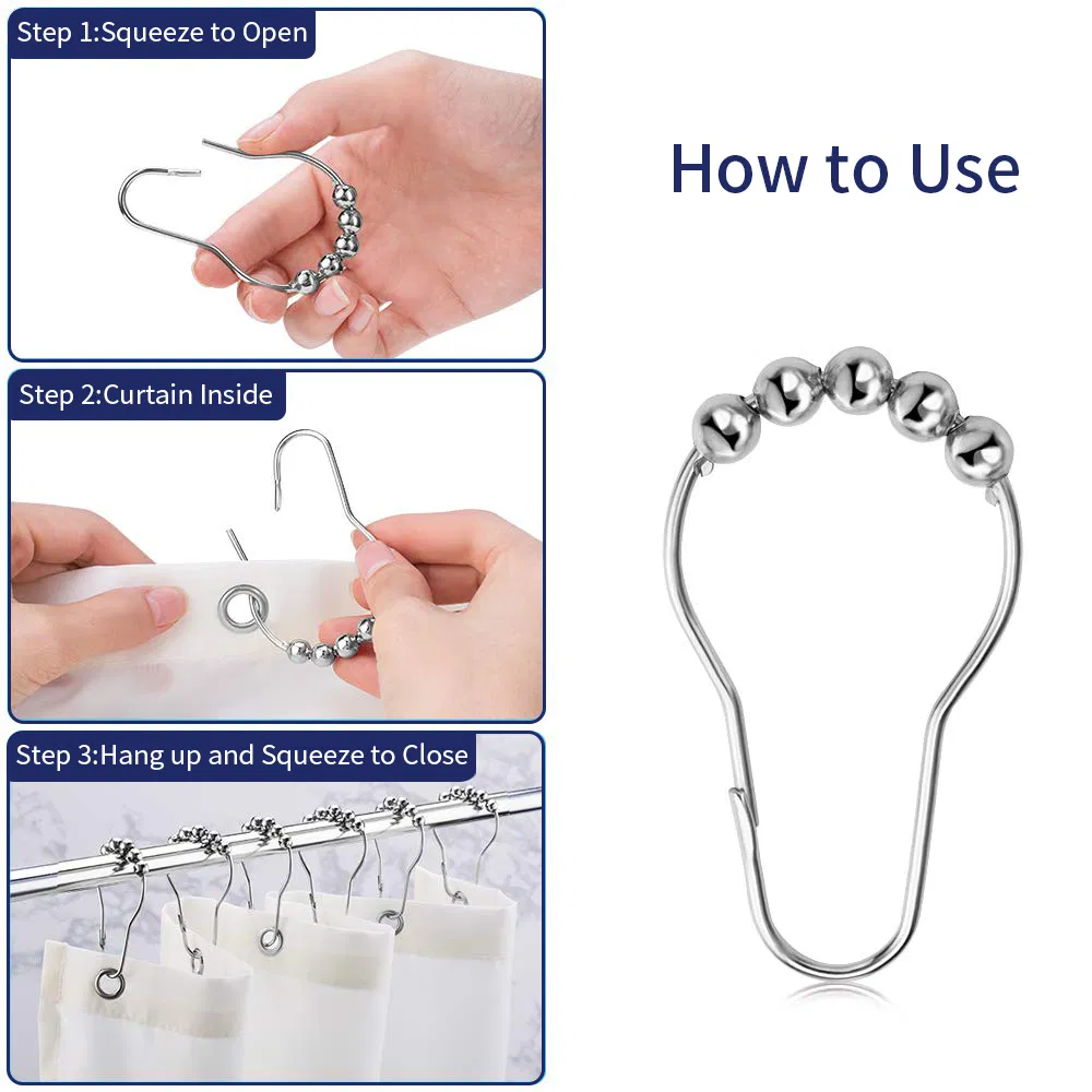 Wholesale Metal Shower Curtain Rings Hooks with 5 Beads for Bathroom Shower Rod