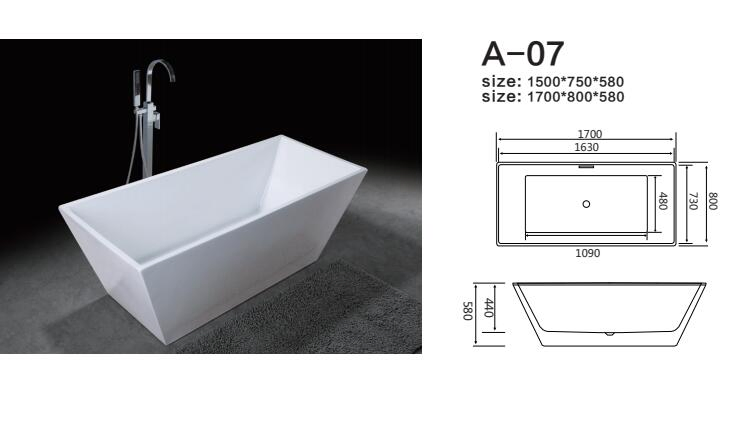 Square Shape Black Color Acrylic Free Standing Soaking Bathtub for Bathroom Tub
