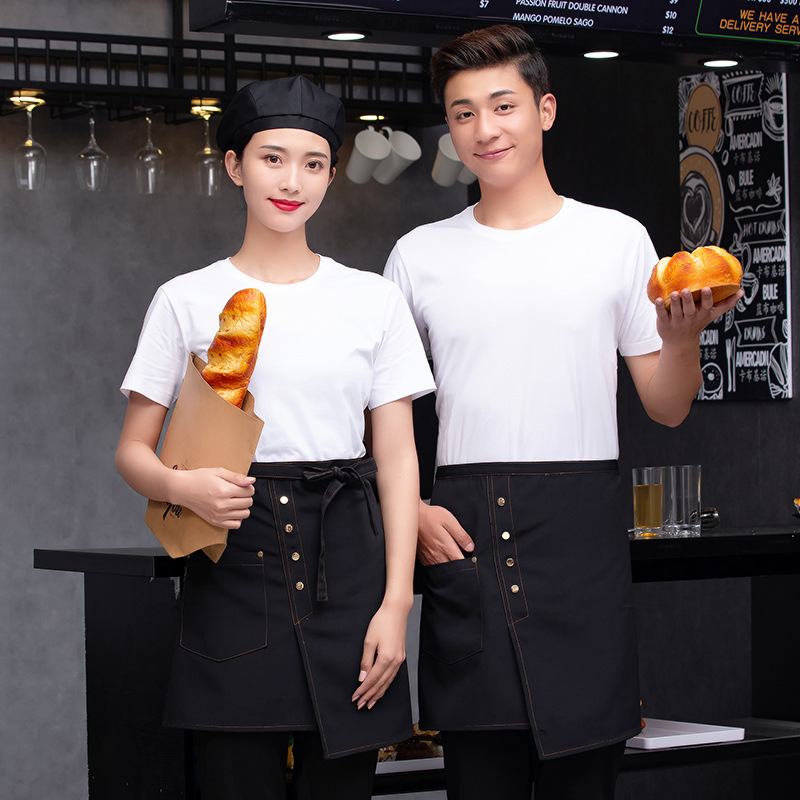 Custom Professional Restaurant Waiter Waitress Canvas Cotton Black Waist Half Apron with Pocket
