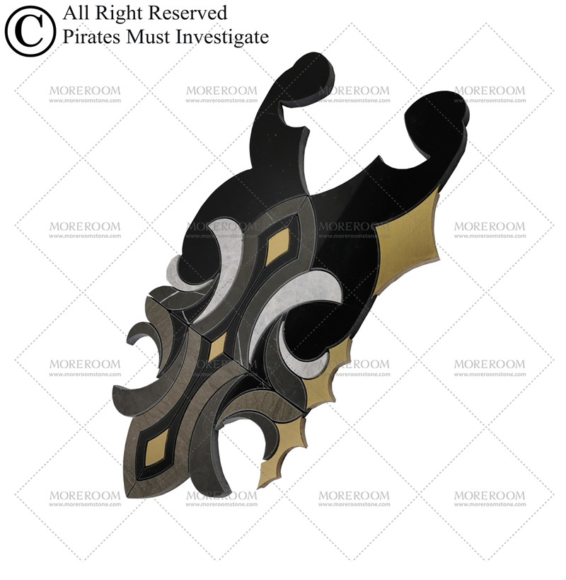 Мозаика из мрамора Water Jet Black Grey с латунной инкрустацией