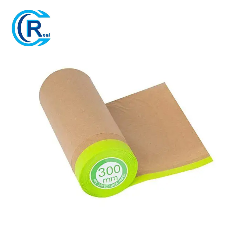 Pre-Taped Masking Paper for Painting - 18 Inch X 50 Feet Tape and Drape Painters Paper, Paint Adhesive Protective Paper Roll for Covering Skirting, Frames, Cars