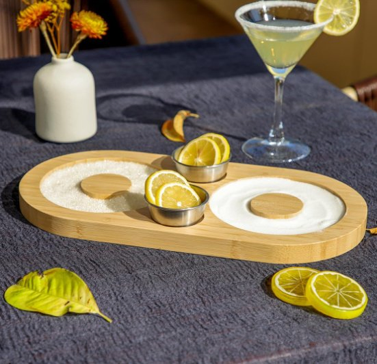 Bamboo Sugar Margarita Salt Rimmer Set Bartender Tool for Cocktail with 2 Stainless Steel Bowl