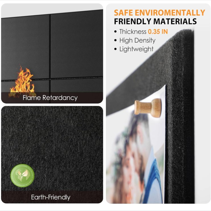 Black Color Large Cork Board Felt Board Tiles for Walls with 30 Push Pins, 11.8"X11.8" Pack of 6 Pin Board Notice Boards for Home Office