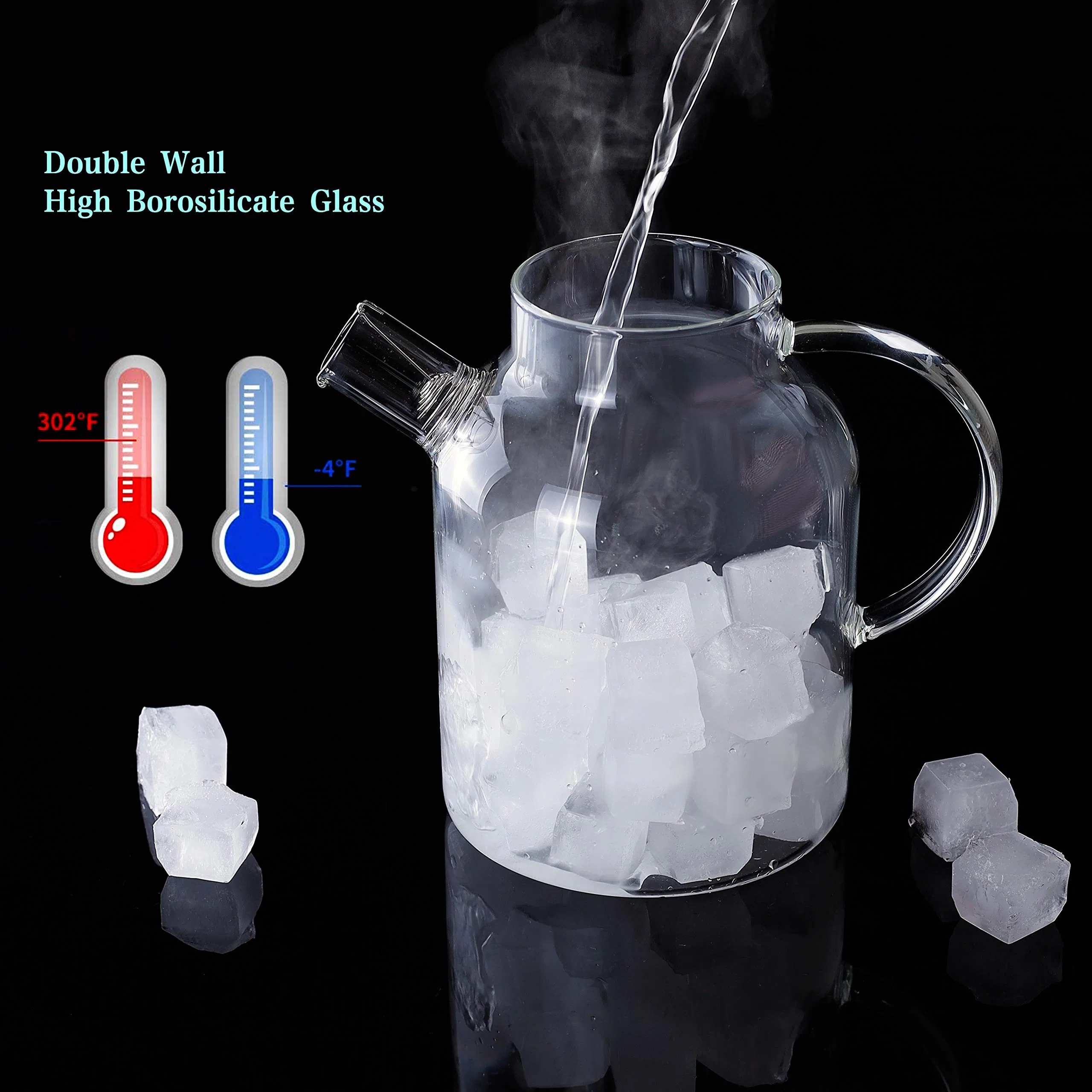 Glass Teapot Large Capacity Cold Water Stovetop Safe 50oz Clear Glass Pitcher with Removable Filter Spout and Lid